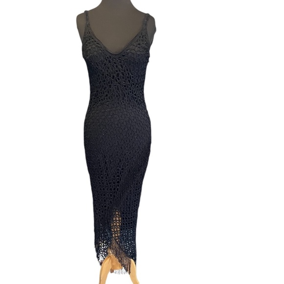 Black Diagonal Strapless Fringed Women's Maxi Dress Crochet Beaded